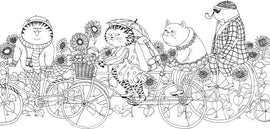 A whimsical illustration from the Million Cats Coloring Book, featuring four charming cats riding bicycles adorned with flowers. The cats wear a variety of outfits, including a sweater, a polka-dot dress, and a plaid suit, all amidst a vibrant floral background.