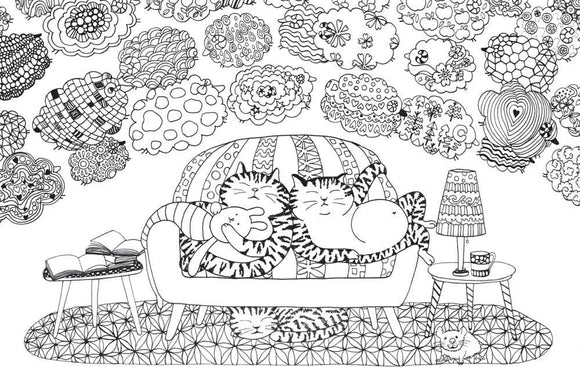 A whimsical illustration from the 'Million Cats Coloring Book' featuring two relaxed cats lounging on a striped sofa. The scene is surrounded by intricate, playful clouds and patterns, with a book resting on a stylish table next to a cup and a lamp.