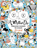 Cover of the coloring book 'A Million Dogs' featuring a vibrant illustration of various cartoon dogs in playful poses, surrounded by colorful leaves. The title is emphasized in bold letters at the center, accompanied by the subtitle 'Fabulous Canines to Color' and the author's name, Lulu Mayo. The background is bright blue, making the illustrations pop.