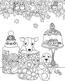 A detailed illustration for the Million Dogs Coloring Book featuring playful dogs peeking from colorful jars filled with treats. The design is surrounded by intricate patterns, including leaves and owls perched above, inviting creativity and relaxation.