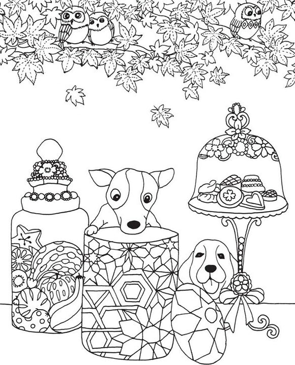 A detailed illustration for the Million Dogs Coloring Book featuring playful dogs peeking from colorful jars filled with treats. The design is surrounded by intricate patterns, including leaves and owls perched above, inviting creativity and relaxation.