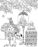 A black and white illustration from the Million Dogs Coloring Book featuring a playful pug in front of intricate decorative items including a fruit platter, a bell jar with a swirl-shaped dessert, and an ornate jar adorned with flowers. The background is filled with stylized leaves and a bird perched on a branch, inviting creativity and relaxation through coloring.