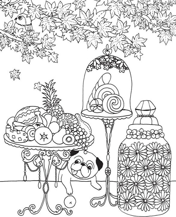 A black and white illustration from the Million Dogs Coloring Book featuring a playful pug in front of intricate decorative items including a fruit platter, a bell jar with a swirl-shaped dessert, and an ornate jar adorned with flowers. The background is filled with stylized leaves and a bird perched on a branch, inviting creativity and relaxation through coloring.