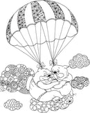 A whimsical illustration from the Million Dogs Coloring Book featuring two cartoon dogs joyfully parachuting down from a colorful striped parachute, surrounded by fluffy clouds filled with intricate floral patterns. The scene is designed for coloring with various shapes and playful expressions.