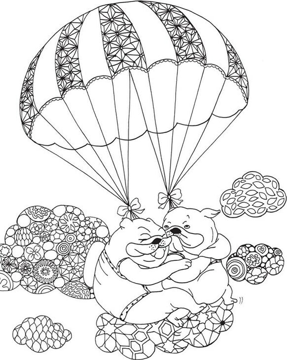 A whimsical illustration from the Million Dogs Coloring Book featuring two cartoon dogs joyfully parachuting down from a colorful striped parachute, surrounded by fluffy clouds filled with intricate floral patterns. The scene is designed for coloring with various shapes and playful expressions.