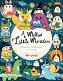 Cover of the 'A Million Little Monsters' coloring book featuring a whimsical illustration of cute monsters, including a unicorn, a witch, and various adorable creatures. The design showcases a starry background, pumpkins, and playful characters, inviting creativity and fun.