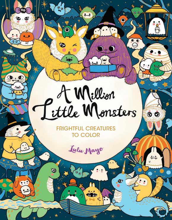 Cover of the 'A Million Little Monsters' coloring book featuring a whimsical illustration of cute monsters, including a unicorn, a witch, and various adorable creatures. The design showcases a starry background, pumpkins, and playful characters, inviting creativity and fun.