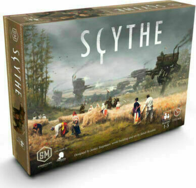 The board game 'Scythe' by Stonemaier Games features an intricately designed box cover showcasing a stylized landscape with farmers and towering mechs. The artwork evokes a steampunk aesthetic, blending historical and futuristic elements. It's suitable for 1-5 players and is designed for ages 14 and up. The box includes vibrant illustrations of characters in a field, hinting at strategic gameplay and immersive storytelling.