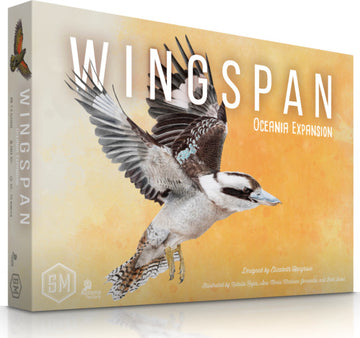 Wingspan Oceania Expansion board game box featuring a beautifully illustrated bird in flight against a warm background. Designed by Elizabeth Hargrave, this expansion enhances gameplay with new cards and mechanics, ideal for nature and strategy enthusiasts.