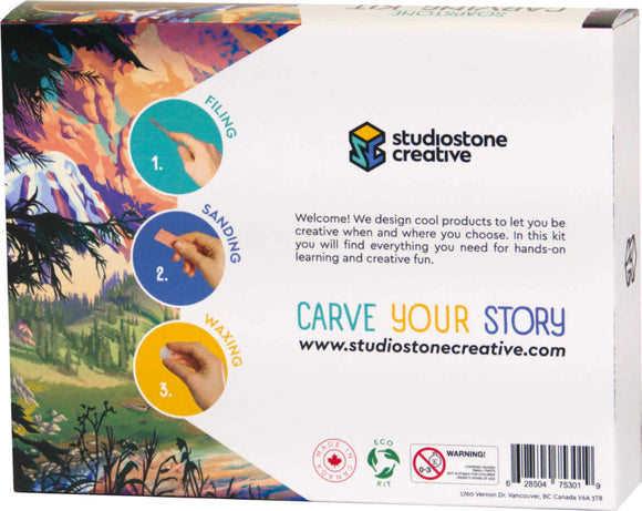 Bear and Wolf Stone Carving K by Studiostone creative, a DIY kit that includes materials for filing, sanding, and waxing. The packaging features colorful mountain scenery and clear instructions for hands-on creative fun.