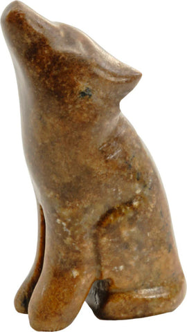 A beautifully crafted stone carving of a wolf in a sitting position, featuring natural shades of brown with subtle details that capture the essence of the animal. The wolf's posture suggests an alert and proud demeanor, making it an exquisite piece for collectors or nature enthusiasts. This artistic representation showcases quality craftsmanship and a connection to wildlife.