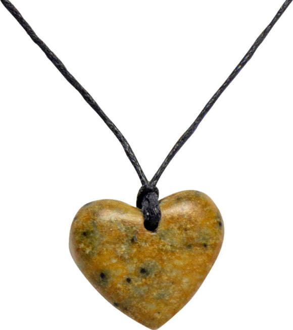 A handcrafted heart-shaped pendant made from natural stone, featuring earthy tones of brown and green, strung on a simple black cord necklace. Perfect for DIY jewelry projects or as a unique gift.
