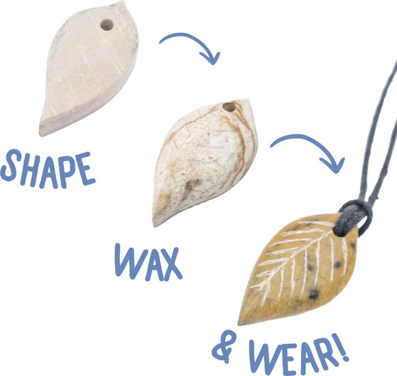 A DIY Stone Jewelry Kit featuring leaf-shaped stones. The kit showcases three stages: shaping the stone, applying wax, and wearing the finished jewelry. Each step is illustrated with arrows highlighting the transformation into a wearable piece.