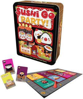 Sushi Go Party! card game by Gamewright, featuring a colorful tin box with images of various sushi pieces. The game supports 2-8 players and is designed for ages 8 and up. Includes game cards scattered on a game board that highlights different sushi-themed points and actions.