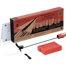 PowerUp 2.0 Electric Plane kit by TAILOR TOYS. Includes components for building an electric paper airplane, showcasing the box, the airplane motor, and battery pack. Ideal for ages 8 and up, it offers over 30 seconds of flight time. The packaging features an image of a soaring airplane and instructions for assembly.