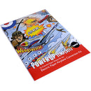 PowerUp Airplane 4.0 product packaging featuring vibrant illustrations of airplanes and cartoon characters, with the title 'PowerUp Templates' prominently displayed. The package contains 16 colorful paper sheets designed for the Electric Paper Airplane Conversion Kit, encouraging creativity and fun in building paper airplanes.