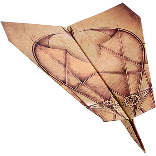 The PowerUp Airplane 4.0 is a beautifully designed paper airplane featuring intricate patterns and a steampunk aesthetic. Its unique construction allows it to be powered by a small electric motor, enhancing flight distance and duration. The airplane is shown from a frontal view, showcasing its sleek wings and detailed artwork.