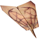 The PowerUp Airplane 4.0 is a beautifully designed paper airplane featuring intricate patterns and a steampunk aesthetic. Its unique construction allows it to be powered by a small electric motor, enhancing flight distance and duration. The airplane is shown from a frontal view, showcasing its sleek wings and detailed artwork.