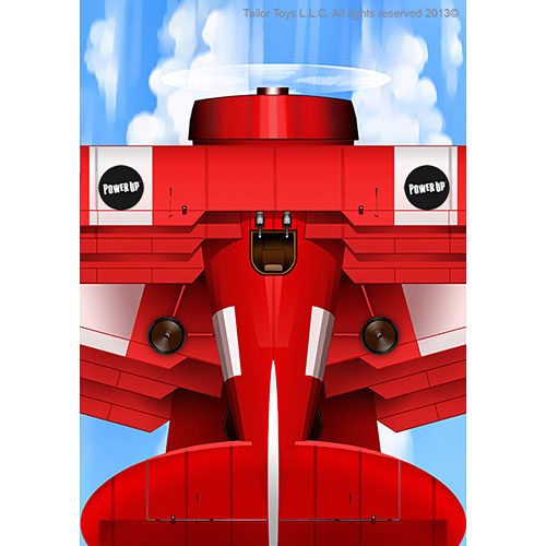 The PowerUp Airplane 4.0 in vivid red color, showcasing its sleek design. The airplane features a propeller, PowerUp branding, and a cloud-filled blue sky backdrop, suggesting a perfect day for flight. It’s an innovative conversion kit that transforms paper planes into real flying models, providing a fun DIY experience for enthusiasts of all ages.