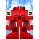 The PowerUp Airplane 4.0 in vivid red color, showcasing its sleek design. The airplane features a propeller, PowerUp branding, and a cloud-filled blue sky backdrop, suggesting a perfect day for flight. It’s an innovative conversion kit that transforms paper planes into real flying models, providing a fun DIY experience for enthusiasts of all ages.