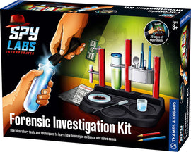 The Forensic Investigation Kit by Thames & Kosmos, featuring laboratory tools including test tubes and a magnifying glass, designed for kids aged 8 and up. The packaging showcases hands performing experiments to analyze evidence, implying an engaging DIY learning experience about forensic science.