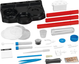 Thames & Kosmos Forensic Investigation Kit featuring various scientific tools including test tubes, tweezers, a lab report pad, and a testing platform. Ideal for aspiring detectives and science enthusiasts, this DIY kit encourages hands-on exploration and experimentation.