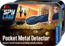 The Spy Labs Pocket Metal Detector by Thames & Kosmos features a hand holding the detector with a desert landscape in the background. It showcases the device designed to locate buried treasures and metal objects. The packaging highlights its target audience of ages 8 and up and emphasizes the adventure of discovering hidden metallic evidence.