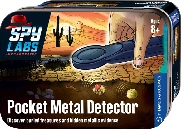 The Spy Labs Pocket Metal Detector by Thames & Kosmos features a hand holding the detector with a desert landscape in the background. It showcases the device designed to locate buried treasures and metal objects. The packaging highlights its target audience of ages 8 and up and emphasizes the adventure of discovering hidden metallic evidence.