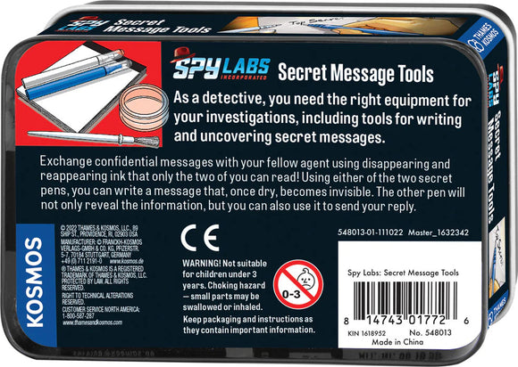 Spy Labs: Secret Message Tools by Thames & Kosmos. The packaging features a sleek design with illustrations of invisible ink pens and writing tools for secret communication. Ideal for budding detectives to exchange confidential messages using disappearing and reappearing ink.
