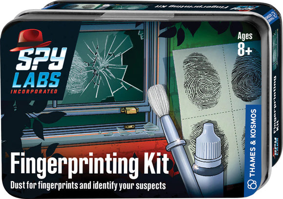 The Spy Labs Fingerprinting Kit by Thames & Kosmos features a colorful package showcasing a fingerprinting brush, a bottle for fingerprint powder, and prints displayed on paper. The background illustrates a scene with broken glass and a window, indicating a mystery to solve. Suitable for ages 8 and up, this kit encourages kids to explore forensic science through hands-on activities.