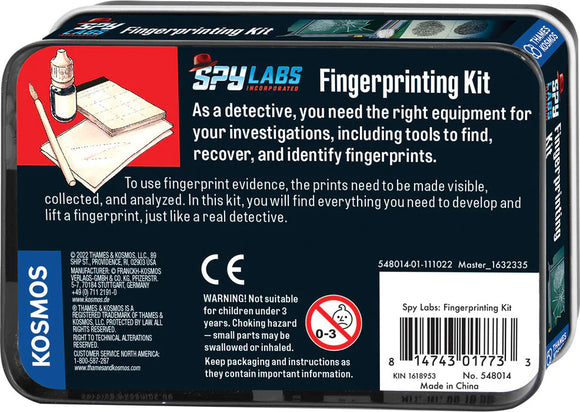 Spy Labs: Fingerprinting Kit by Thames & Kosmos. This kit includes tools for collecting and analyzing fingerprint evidence, helping aspiring detectives in investigations. The package features a fingerprint lifting brush, a dusting powder, and instructional materials for proper use.