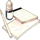 A detailed illustration of the Spy Labs Fingerprinting Kit by Thames & Kosmos. The kit includes a small bottle of black powder, a paintbrush for application, a stack of blank fingerprint cards, and sheets for documentation, ideal for aspiring detectives and curious minds.