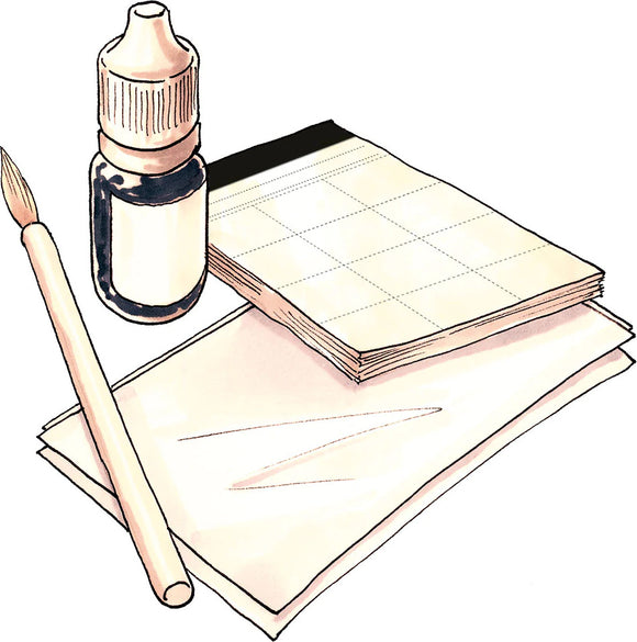 A detailed illustration of the Spy Labs Fingerprinting Kit by Thames & Kosmos. The kit includes a small bottle of black powder, a paintbrush for application, a stack of blank fingerprint cards, and sheets for documentation, ideal for aspiring detectives and curious minds.