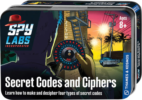 Spy Labs: Secret Codes and Ciphers kit by Thames & Kosmos, featuring a colorful tin package. The design shows a mysterious character using a code wheel, surrounded by urban scenery with palm trees, conveying an adventurous theme. Suitable for ages 8 and up, this educational kit teaches how to create and decode various secret codes.