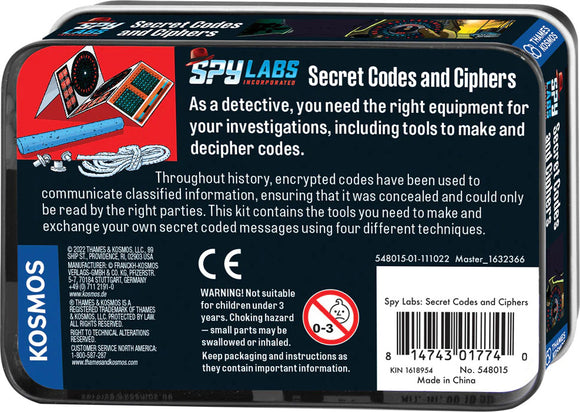 Spy Labs: Secret Codes and Ciphers kit by Thames & Kosmos. The packaging features colorful illustrations and descriptions about secret codes and cipher techniques. It highlights tools for making and deciphering codes, emphasizing the historical importance of encrypted communication.