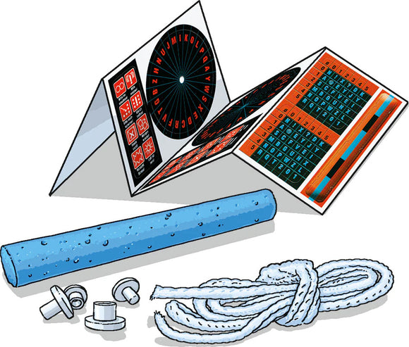 A colorful assortment of items from 'Spy Labs: Secret Codes and Ciphers' by Thames & Kosmos. It includes a folded card displaying cryptographic wheels and symbols, surrounded by a blue rod, various connectors, and a coiled white rope, designed for engaging secret code activities.