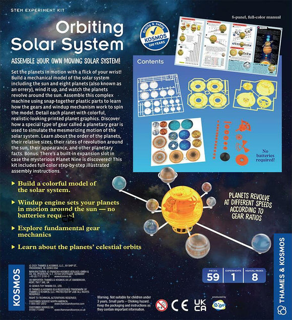 The Orbiting Solar System Build Kit is a colorful DIY STEM kit designed for assembling a moving model of the solar system. It includes detailed planet pieces, a windup mechanism, and illustrated assembly instructions. Users can learn about planetary mechanics and discover facts about the solar system.