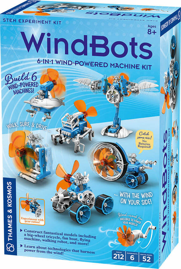Windbots 6-in-1 Wind Powered Machine Kit by Thames & Kosmos. This STEM DIY kit allows you to build 6 different wind-powered models, including a tricycle, fan boat, and walking robot. Ideal for ages 8 and up, it promotes hands-on learning in engineering and renewable energy concepts without the need for batteries.