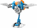 The Windbots 6-in-1 Wind Powered DIY kit by Thames & Kosmos features a mechanical assembly showcasing a colorful wind-powered model. The structure includes a blue torso with rotating gears and orange propeller-like wings that demonstrate wind energy principles. Ideal for young engineers and science enthusiasts.