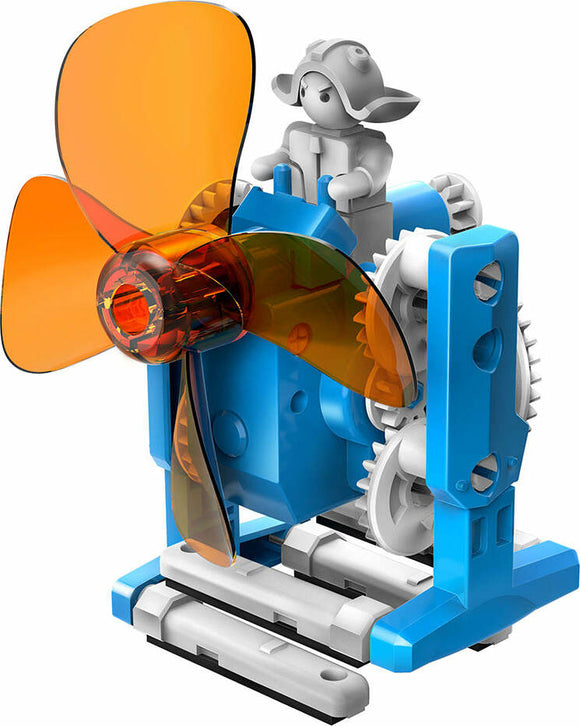 The Windbots 6-in-1 Wind Powered DIY kit by Thames & Kosmos features a colorful assembly with a rotating orange propeller and a small figure piloting. This engaging kit allows users to build multiple wind-powered contraptions, perfect for learning about renewable energy and mechanics.