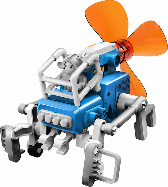 The Windbots 6-in-1 Wind Powered DIY kit features a colorful model with an orange propeller and a gray figure at the controls, showcasing a fun and educational engineering experience. The kit allows users to create multiple wind-powered vehicles and encourages creativity and mechanical understanding.
