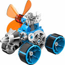 The Windbots 6-in-1 Wind Powered DIY kit by Thames & Kosmos showcases a colorful mechanical model. The design features a small vehicle with a vibrant orange propeller, wheels, and a character at the helm, illustrating how wind energy can be harnessed for movement. This engaging kit encourages creativity and engineering skills.