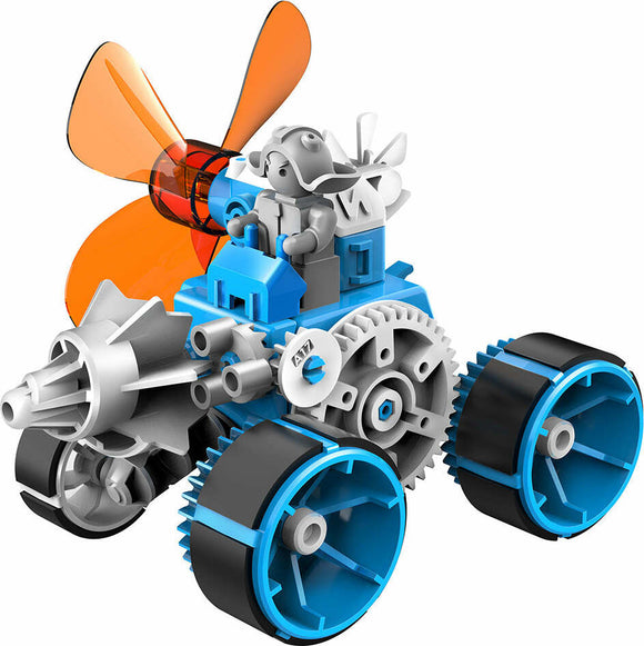 The Windbots 6-in-1 Wind Powered DIY kit by Thames & Kosmos showcases a colorful mechanical model. The design features a small vehicle with a vibrant orange propeller, wheels, and a character at the helm, illustrating how wind energy can be harnessed for movement. This engaging kit encourages creativity and engineering skills.