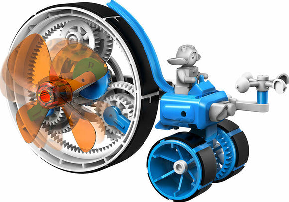 Windbots 6-in-1 DIY kit by Thames & Kosmos showcasing a colorful wind-powered vehicle. The model features rotating gears and a propeller design, perfect for educational play.