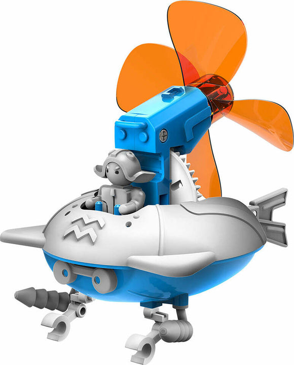 The Windbots 6-in-1 Wind Powered DIY kit features a colorful, shark-shaped vehicle with a smiling pilot figure seated in the cockpit. The vehicle is equipped with an orange propeller that harnesses wind power for movement. Various mechanical components and connectors are visible, showcasing the creativity and fun of building and experimenting with wind energy.