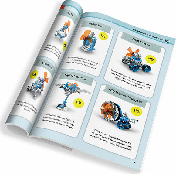 An open booklet introducing the Windbots DIY kit by Thames & Kosmos. It features various wind-powered robot models including Surf Bot, Walker Bot, Drill Dozer, Quadrupled, Flying Machine, and Big Wheel Tricycle. Each model displays a colorful design with propellers showcasing their wind-powered functionality, alongside descriptions and page numbers for assembly guidance.