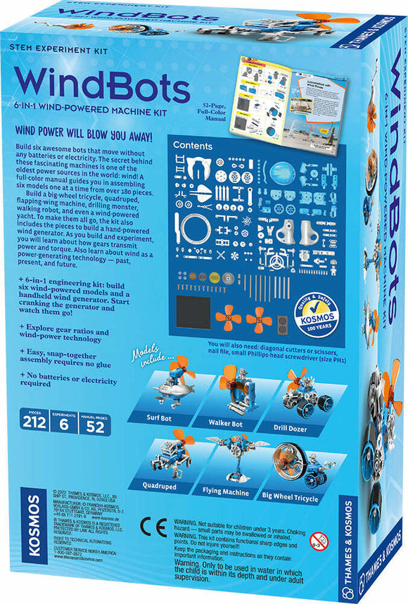 Windbots 6-in-1 Wind Powered Machine Kit by Thames & Kosmos. The packaging shows various assembled models, a 52-page manual, and detailed components. It invites kids to explore wind power and engineering with six different buildable machines, including a Surf Bot, Walker Bot, and Flying Machine. The kit emphasizes STEM learning through hands-on experience, making it engaging for young inventors.