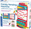 Candy Vending Machine Kit by Thames & Kosmos featuring a colorful toy vending machine design. The kit includes components for building a vending machine and a coin bank, actionable instructions, and vibrant gummy candy. Ideal for STEM learning, it showcases engineering principles with gears and mechanical fun. Recommended for ages 8 and up.