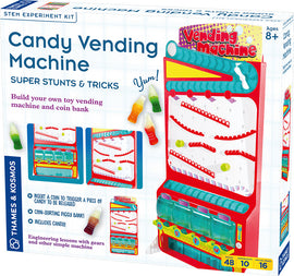 Candy Vending Machine Kit by Thames & Kosmos featuring a colorful toy vending machine design. The kit includes components for building a vending machine and a coin bank, actionable instructions, and vibrant gummy candy. Ideal for STEM learning, it showcases engineering principles with gears and mechanical fun. Recommended for ages 8 and up.