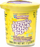 ChemisTreats! Candy + Chemistry Science Experiment Kit. A bright yellow container labeled 'Lemony Fizzing Soda Pop,' featuring playful graphics of lemons and a fizzy drink illustration. The label highlights that it's a DIY kit for creating refreshing, effervescent drinks while learning about chemical reactions. Suitable for ages 6+ with adult supervision.